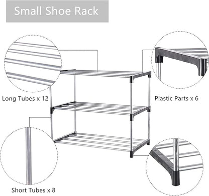 Small Shoe Rack, Narrow Stackable Shoe Shelf Organizer for Entryway, Doorway and Bedroom Closet (3-Tier, Black)