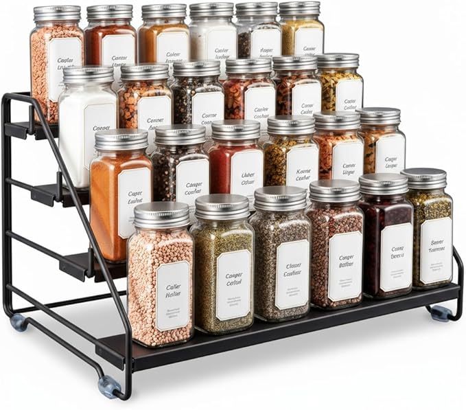 4 Tier Spice Rack Organizer for Cabinet, Step Adjustable Spice Shelf Seasoning Organizer with Non Slip Tiers, Expandable Metal Spice Rack for Kitchen Countertop, Pantry, Cupboard – Black