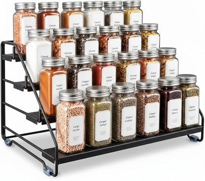 4 Tier Spice Rack Organizer for Cabinet, Step Adjustable Spice Shelf Seasoning Organizer with Non Slip Tiers, Expandable Metal Spice Rack for Kitchen Countertop, Pantry, Cupboard – Black