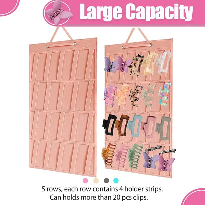 Premium Felt Hanging Claw Clip Organizer - Large Capacity for Girls & Women Hair Clips - Bows Display Stand for Wall, Door or Closet (Pink)
