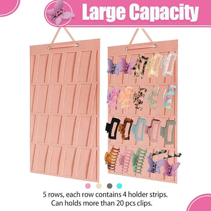 Premium Felt Hanging Claw Clip Organizer - Large Capacity for Girls & Women Hair Clips - Bows Display Stand for Wall, Door or Closet (Pink)