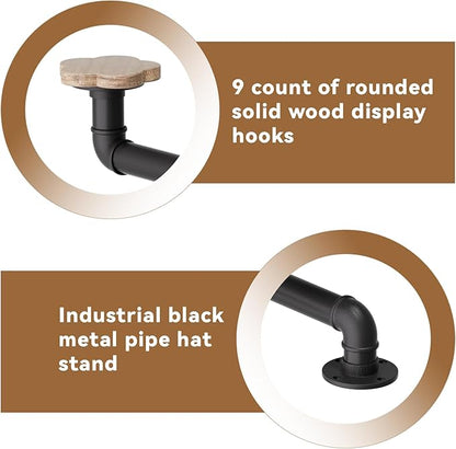 4-Tier Hat Racks Heavy Duty Metal Pipe Hat Display - 8 Rustic Solid Wood Hooks Free Standing Cap Organizer for Hats Wigs Headwear Tabletop Display
