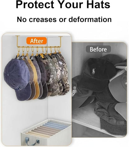 Viklluyr Hat Organizer for Baseball Caps Hat Rack with 20 Hooks - Sturdy Metal Hat Storage Wall Mounted Caps Hanger Set of 2 for Closet Door Bedroom Entryway Laundry(Gold)