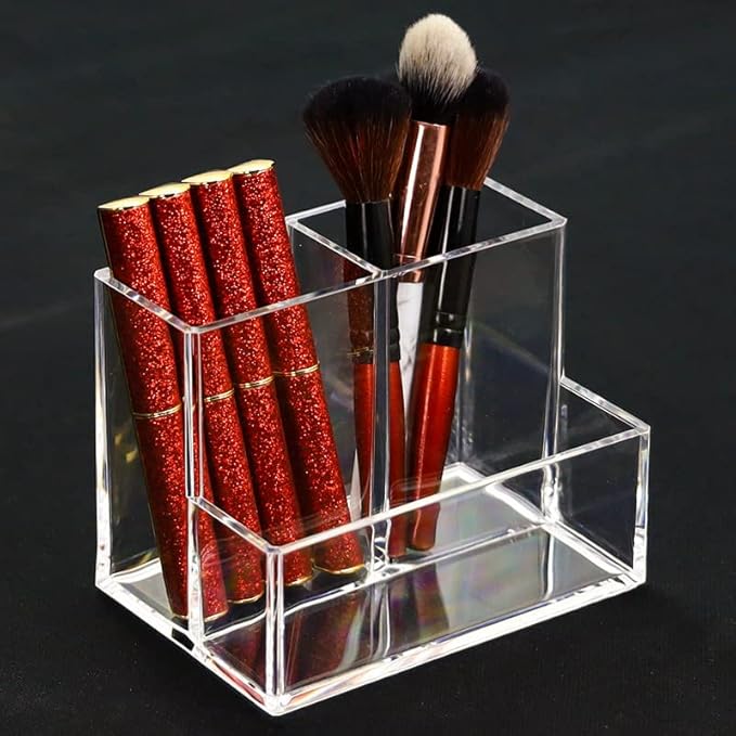 Acrylic Makeup Organizer Cosmetic Storage Makeup Display Case Makeup Brush Holder Lipstick Dispenser Canister Bathroom Container (5.1 x 3.5 x 3.9 in, 3 Partitions, Transparent)