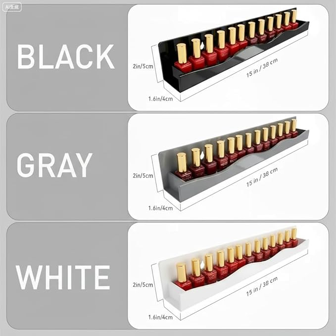 YMVV 3 Colors Nail Polish Wall Mounted Shelf,15 Inch White Gray Black Nail Polish Floating Shelves for 66-90 Bottles Multi-Purpose,Ideal Gift, Great Display for Salons Retailers,6 Pack