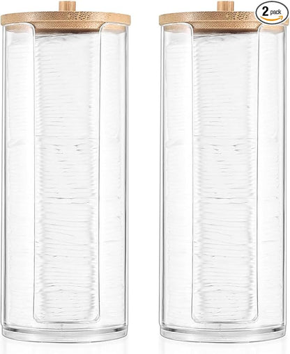 2 Pcs Cotton Round Holder, Cotton Pad Holder with Bamboo Lids, Makeup Storage Cotton Pad Dispenser Bathroom Canisters Bamboo Bathroom Storage Jars Storage Containers Clear Plastic
