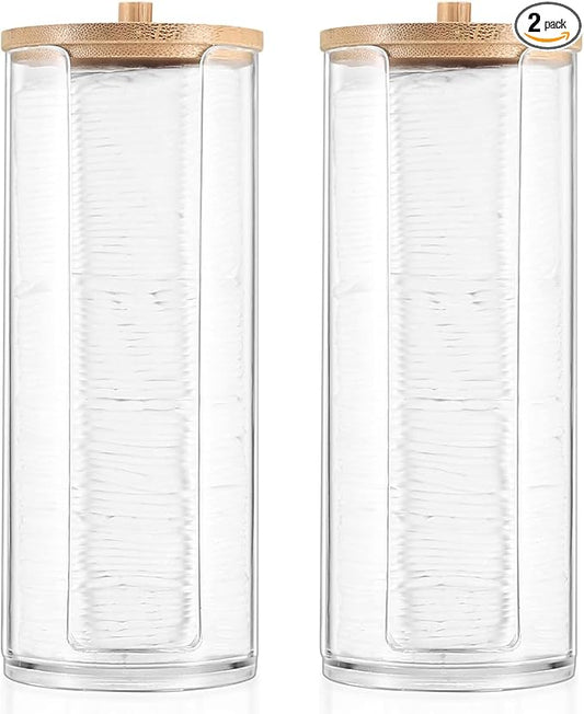 2 Pcs Cotton Round Holder, Cotton Pad Holder with Bamboo Lids, Makeup Storage Cotton Pad Dispenser Bathroom Canisters Bamboo Bathroom Storage Jars Storage Containers Clear Plastic