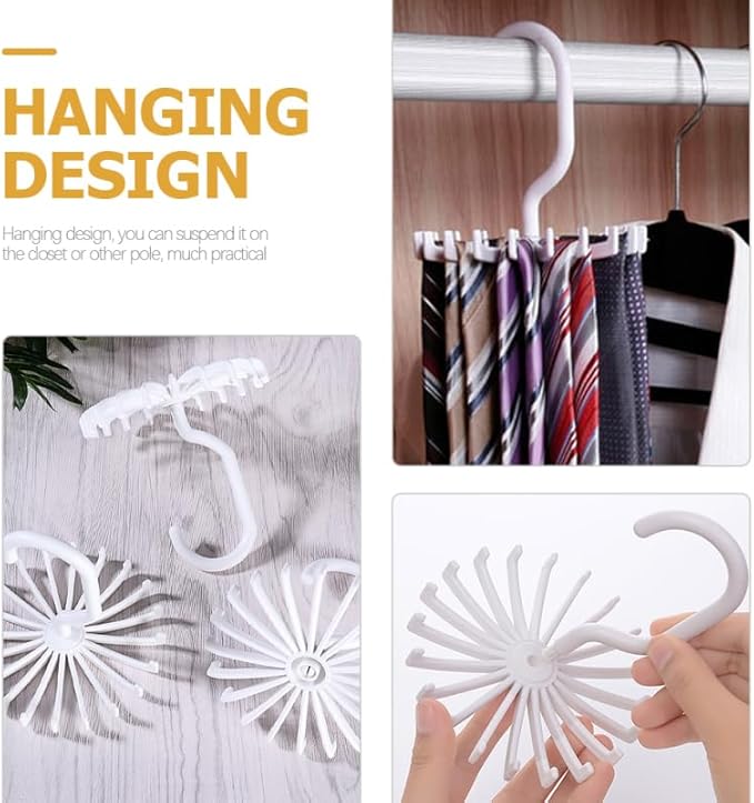 Solustre 4-Pack Rotating Plastic Tie Rack with Belt Hooks Space-Saving Closet Organizer for up to 20 Neckties and Belts Multi-Functional Hanging Storage Solution for Home and Travel