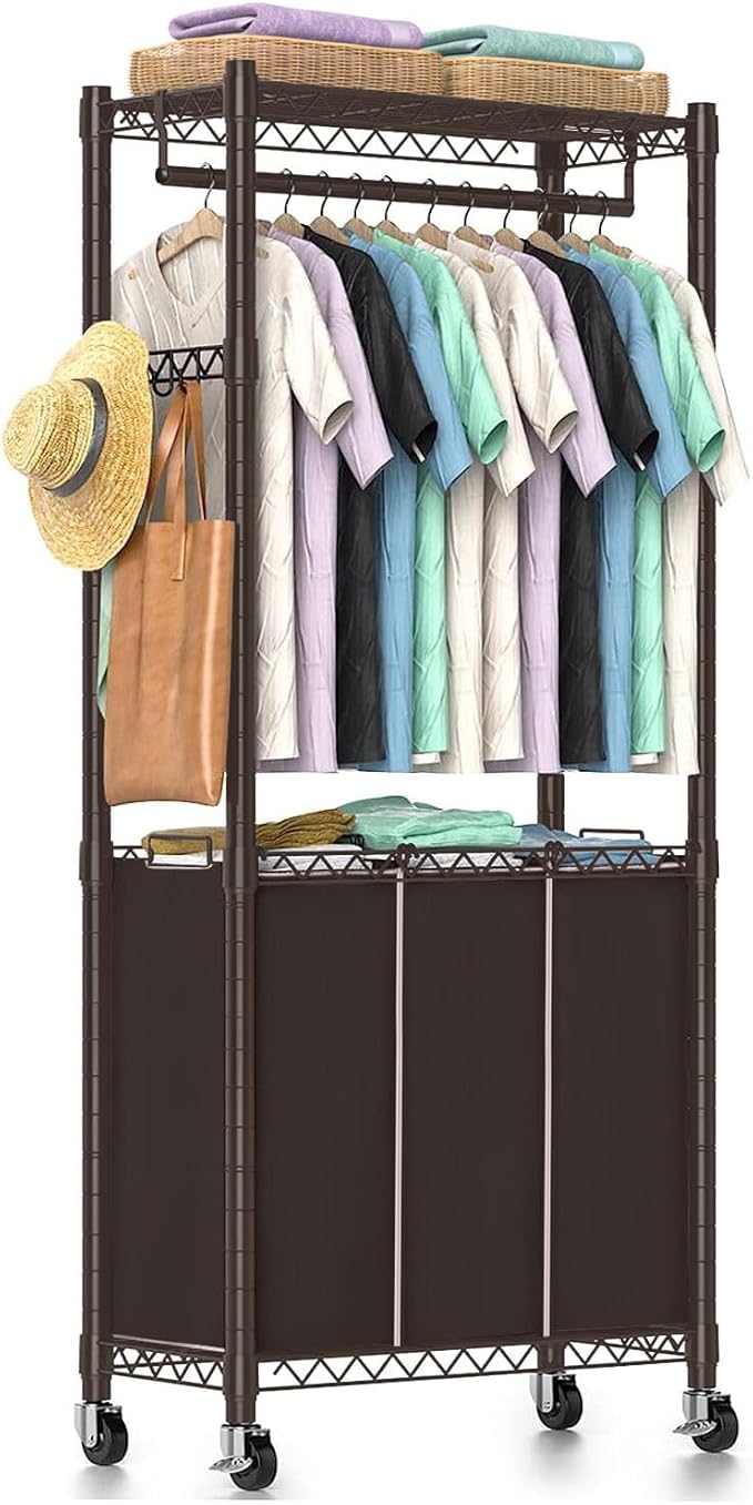 Hodonas 3-Section Laundry Sorter With Hanging Bar, Rolling Hamper Cart, Basket Organizer, Hanging Rack, Lockable Wheels and Removable Bags for Clothes Storage, Espresso