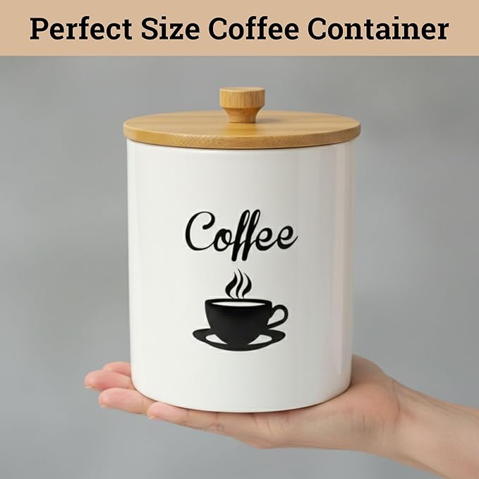 Ceramic Coffee Canister - 12 oz White Airtight Canister - 5 x 6 inch Coffee Bean Storage Container - Stylish Countertop Container for Grounds, Beans, Pods & More with Rubber-Lined Bamboo Lid