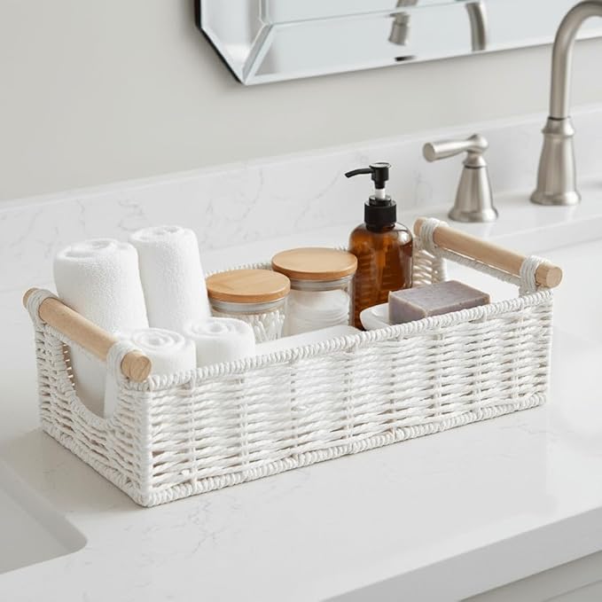 CubesLand Wicker Toilet Storage Basket Tray Organizer W/Cut Out Handle, Slim Decorative Basket for Countertop, Shelves And for Versatile Home Decor, Living Room, Nursery Organization, Cream