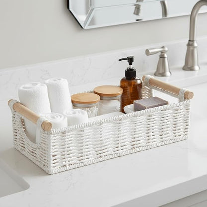 CubesLand Wicker Toilet Storage Basket Tray Organizer W/Cut Out Handle, Slim Decorative Basket for Countertop, Shelves And for Versatile Home Decor, Living Room, Nursery Organization, Cream