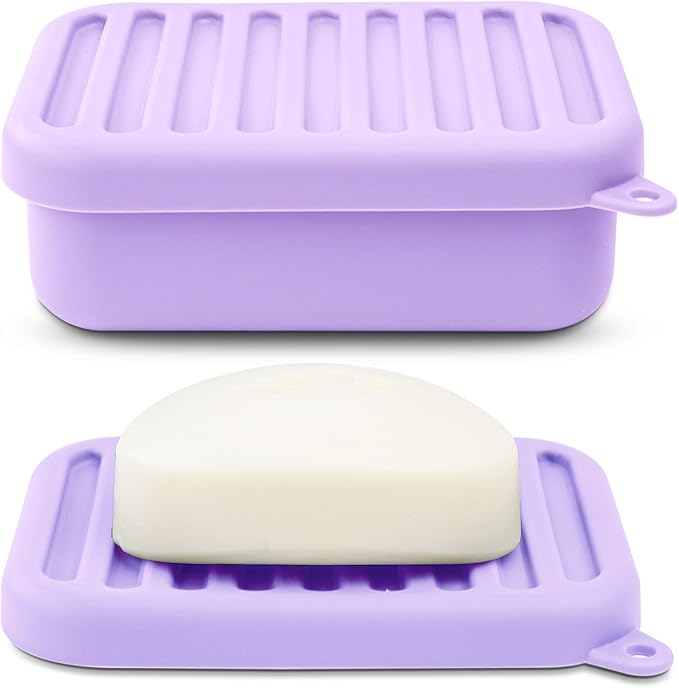 Superior Leak-Proof Silicone Travel Soap Case with Drainage Lid/Layer, Compact Bar Soap Container, Durable Soap Holder for Camping, Gym, and Travel Size Toiletries (Light-Purple)