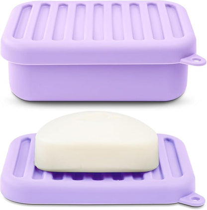 Superior Leak-Proof Silicone Travel Soap Case with Drainage Lid/Layer, Compact Bar Soap Container, Durable Soap Holder for Camping, Gym, and Travel Size Toiletries (Light-Purple)