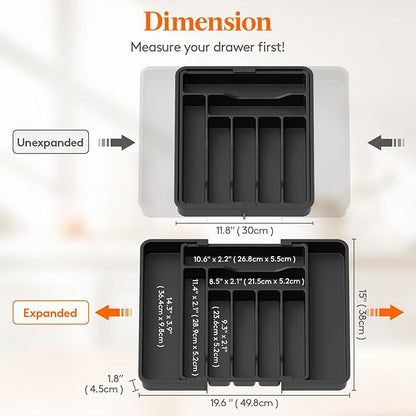 Lifewit Utensil Organizer for Kitchen Drawer, Expandable Cooking Silverware Tray, Adjustable Cutlery Flatware Holder, Plastic Spatula Tools Storage Divider, 11.8-19.6 x 15", Black