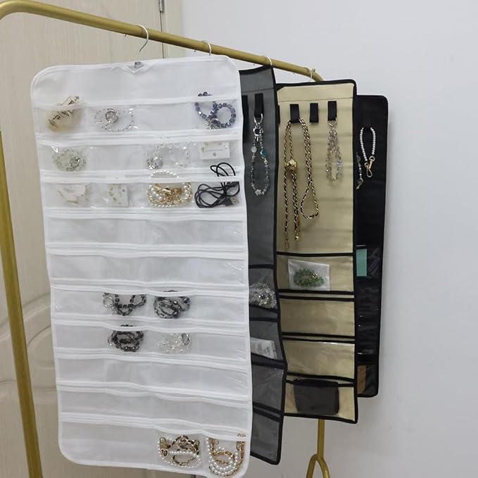 Hanging Jewelry Organizer Pockets Canvas Double Sided Rotating Hanger Necklace Hanging Wall Organizer Jewelry Roll for Earrings, Necklaces,Sunglasses,rings (80-Pocket WHITE)