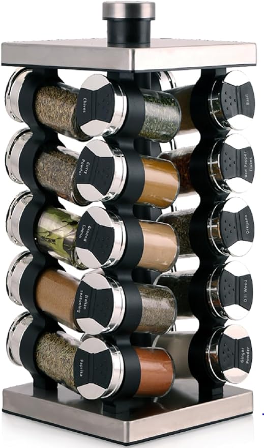 Orii 20 Jar Spice Rack with Spices Included & 5-Year Free Spice Refill Program - Tower Organizer for Kitchen Spices and Seasonings, (Silver Black)