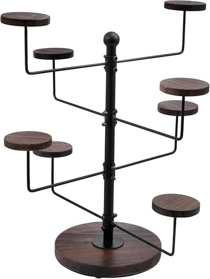MyGift Industrial Matte Black Metal Tabletop Hat Stand with Round Rustic Burnt Solid Wood Hangers, Home or Commercial Table Display Rack with 8 Cap Holders