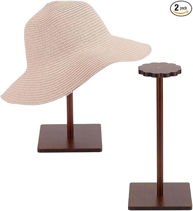 OLYCRAFT 2Pcs Brown Wooden Hat Display Stand with Square Base Vintage Wooden Hat Holder Solid Wood Hats Holder Stand Rack Tabletop Helmet Stand Tabletop Hats Display Rack for Home Store Shelf Decor