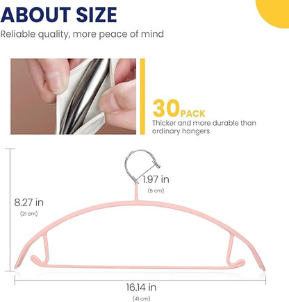 Jiang&Rong 30 Pack 16 Inch Rubber-Coated Non-Slip Metal Hangers - Heavy Duty No Bump Closet Hangers for Coats, Shirts, Suits, Sweaters (30-Pack, Pink)