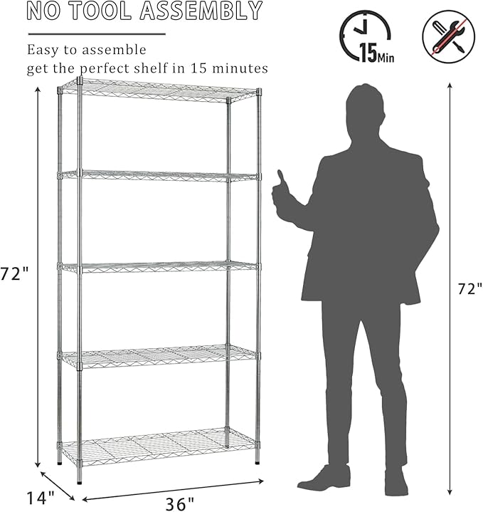 5-Tier Storage Shelves Adjustable Metal Shelf 1200Lbs Capacity NSF Wire Rack Shelving with Adjustable Feet Shelf Unit for Kitchen Garage Basement, 72" H x 36" W x 14" D, Chrome