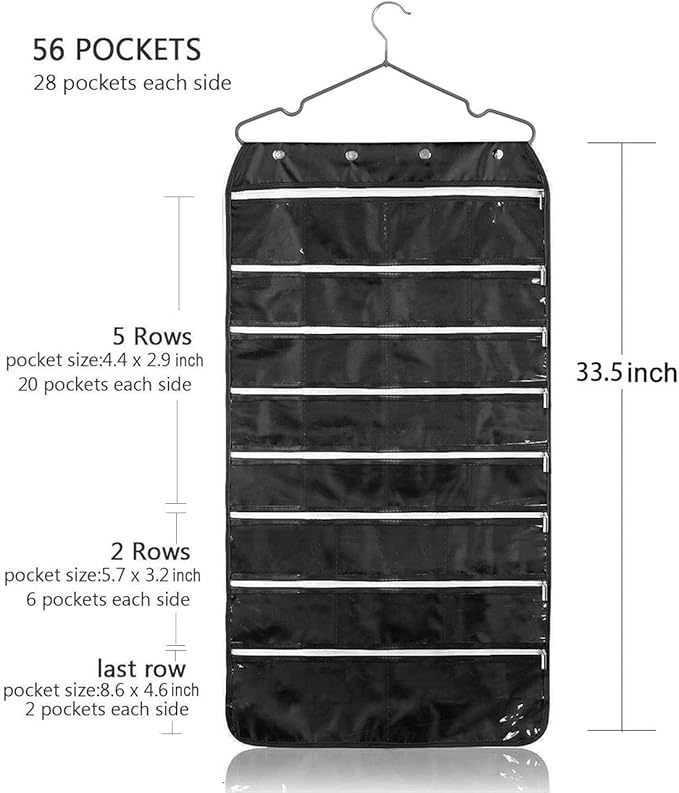Hanging Jewelry Organizer with Zipper,Dual-Sided 56 Clear Pockets for Earrings Necklace Bracelet Ring Accessory Display (Grey)