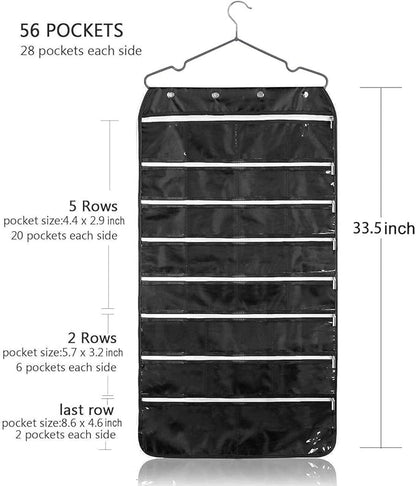 Hanging Jewelry Organizer with Zipper,Dual-Sided 56 Clear Pockets for Earrings Necklace Bracelet Ring Accessory Display (Grey)
