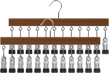 Closet Organizer with 12 Clips, 2 Pack Closet Space Savers for Hanging Clothes, Wooden Pants and Leggings Hangers with 360° Rotating Hook, Space-Saving Hat Scarf Clothespins, Walnut Wood Color