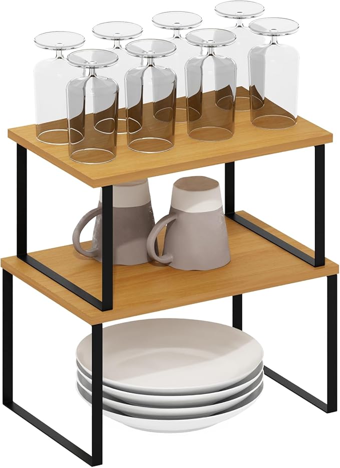 Furinno RAVEL Kitchen Countertop Organizer Set of 2, Counter Shelves, Kitchen Storage, Expandable, Stackable, Spice Rack, for Kitchen, Pantry, Coffee Bar, Beech