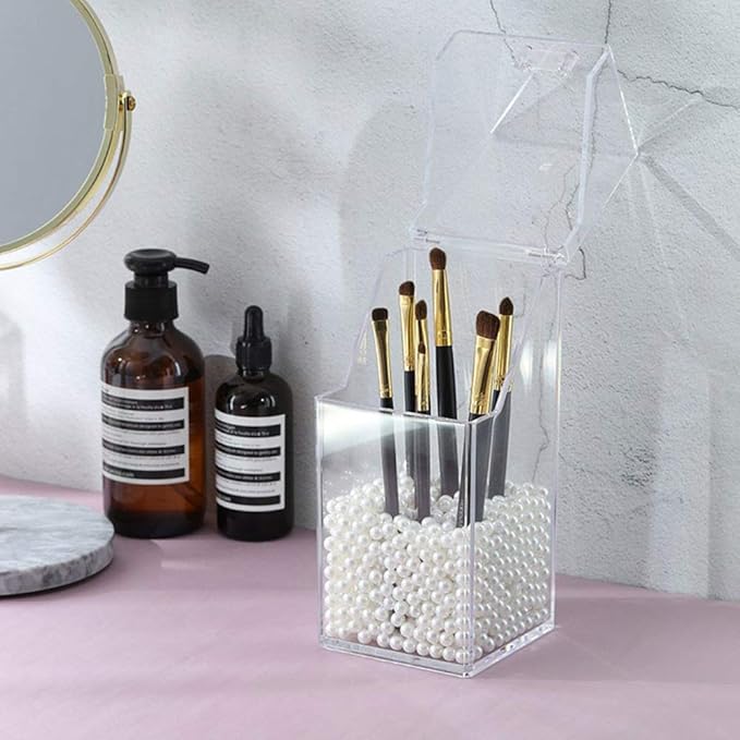 Makeup Brush Holder With Lid Cosmetic Brush Organizer Display Case Dustproof Cosmetics Brush Storage Container with Free Pearls