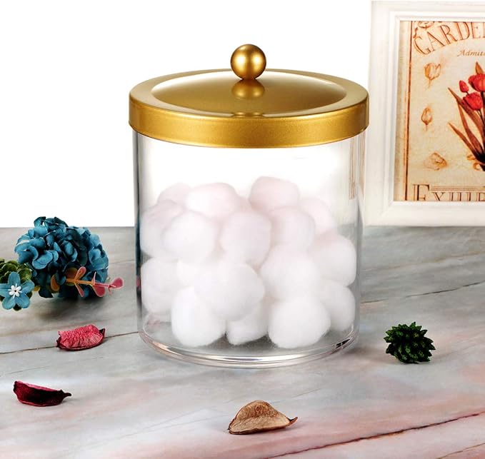 SheeChung 50 Ounce Large Clear Apothecary Jar with Gold Rust-Proof Lid - Shatterproof Plastic Storage Canister - Modern Luxury Bathroom Vanity & Laundry Room Organizer for Pods, Bath Salts