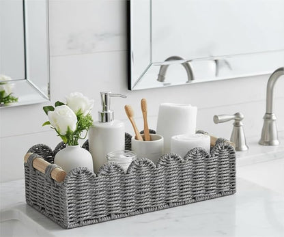 CubesLand Bathroom Basket Organizer, Toilet Tank Paper Storage Baskets 2-Pack, Scalloped Decorative Basket for Countertop w/Handle, Wicker Basket for Bathroom Decor, Home Decor, Living Room, Grey