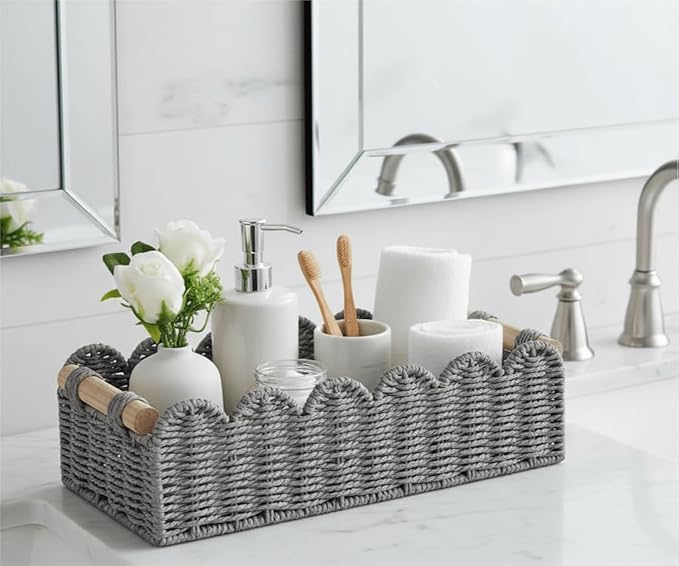 CubesLand Scalloped Edge Toilet Paper Storage Basket, Living Room Home Cozy Decor Basket, Paper Rope Small Baskets for Over Toilet Storage Shelf, End Table, Shelves, with 2 Wooden Handles, Grey