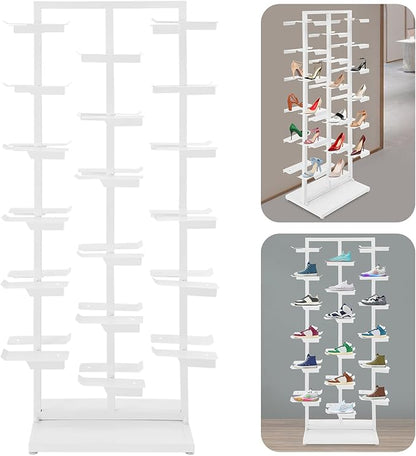 Commercial Clothing Store Shoe Rack, Large Free Standing Shoe Organizer Display Shelf, Retail Boutique Sneaker Basketball Shoes Storage Stand Holds 18 Pairs for Home Store Entryway (White)