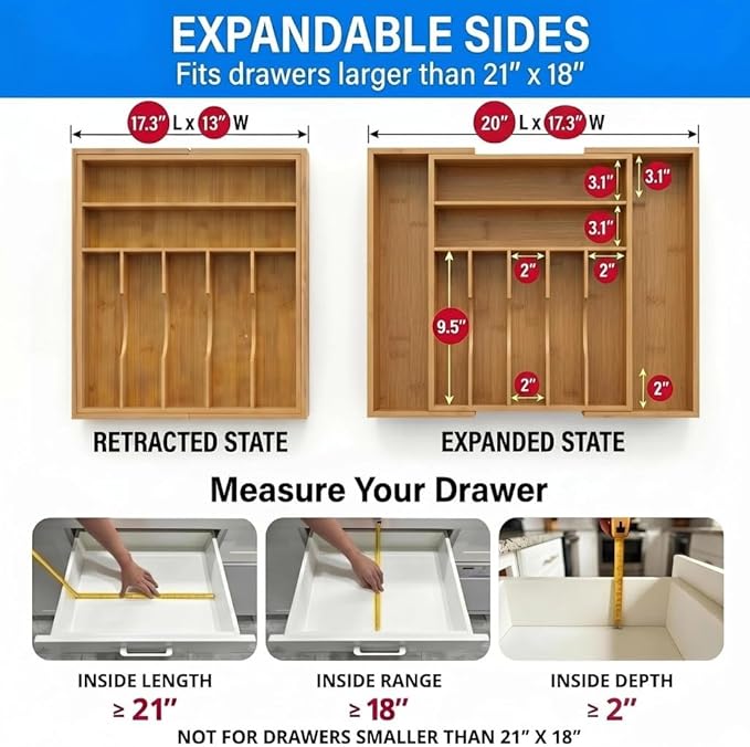 Expandable Bamboo Silverware Drawer Organizer - 20" Extra Wide Cutlery Tray with 9 Deep Compartments - 17.3" Length Large Utensil Holder & Kitchen Drawer Divider (Natural)