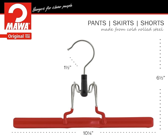 Mawa by Reston Lloyd Non-Slip Space Saving Clothes Hanger with Clamp for Pants and Skirts, Style M/26, Set of 2, Red