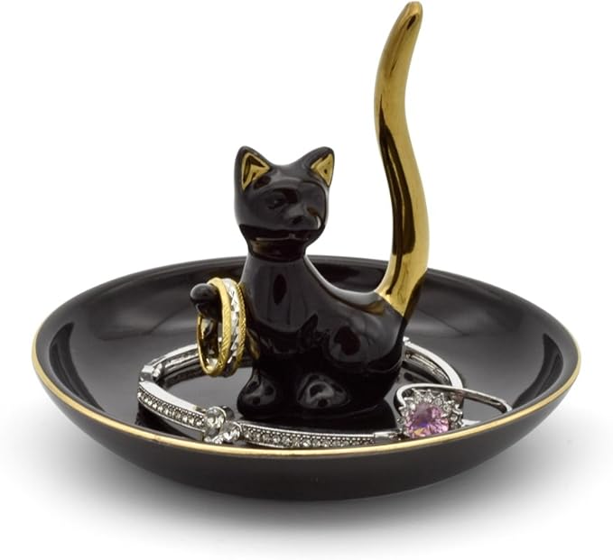 Happy Cat Posture Ring Holder Jewelry Storage Dish Trinket Tray Decorative Black/Golden Tail.