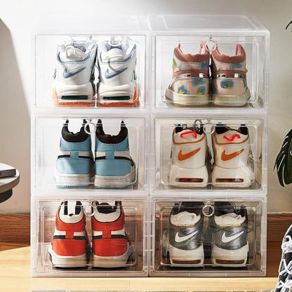 6-Pack Clear Shoe Box Containers with Air Ventilation & Magnetic Door | Stackable, Durable, Transparent Storage for Sneakers, Heels, Boots, Bags & Fits up to Maximum Size of US12 (White)