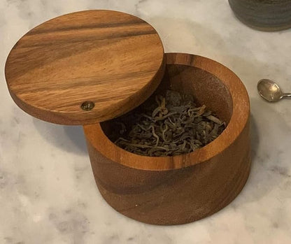 Acacia Wood Salt cellar bowl Box with Swivel Lid – Wooden Salt box for Kitchen Countertop, Salt Keeper for Cooking, Spices & Seasonings