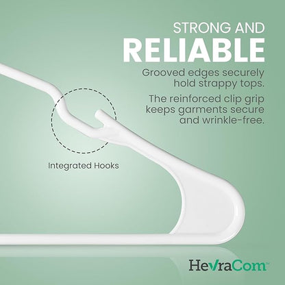 HevraCom White Plastic Hangers 50 Pack - Strong & Durable Non Slip Clothes Hangers for Closet, Space Saving Coat and Pant Hanger with Shoulder Grooves, Clipless Design