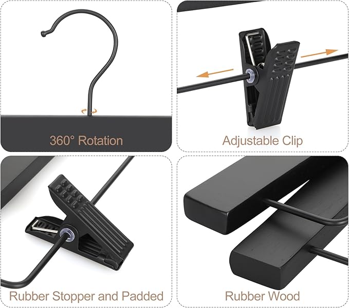 TOPIA HANGER Wooden Pants Hangers 20 Pack, Black Skirt Hanger with Clips and Rotatable Hook, Durable Rubber Wood Hangers for Skirts, Pants, Jeans, Shorts - CTS05B