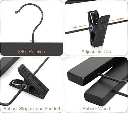 TOPIA HANGER Wooden Pants Hangers 20 Pack, Black Skirt Hanger with Clips and Rotatable Hook, Durable Rubber Wood Hangers for Skirts, Pants, Jeans, Shorts - CTS05B