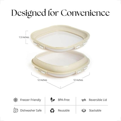 Crudités | Portable Snack Tray | Square 4-Pack | Cream White | Reversible Stretch Lid Food Containers | BPA-Free, Freezer & Dishwasher Safe | Meal-Prep, Charcuterie, Salads, Picnic, Travel