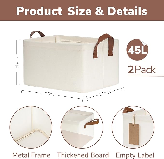CHICVITA Storage Baskets for Shelves, 19" x 13" x 11" Closet Storage Bins with Handles, Foldable Fabric Bins with Metal Frame, Extra Large Storage Basket for Toys, Blankets, Beige, 2-Pack