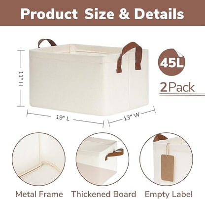 CHICVITA Storage Baskets for Shelves, 19" x 13" x 11" Closet Storage Bins with Handles, Foldable Fabric Bins with Metal Frame, Extra Large Storage Basket for Toys, Blankets, Beige, 2-Pack