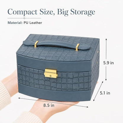 Elegant 3 Layer Lockable Jewelry Box for Women – Mirrored Jewelry Organizer with Key & Drawer, Travel Friendly PU Leather Storage Case,Gift for Wife, Mom, Daughter(Blue)