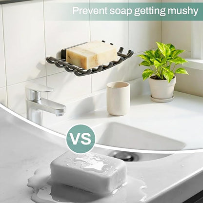 Bar Soap Holder for Shower Wall, Self Draining Plastic Bar Soap Dish Tray Container Case for Bathroom Sink, Adhesive Shower Soap Dish Holder Wall Mounted, Black 2 Pack