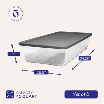 HOMZ 2-Pack Snaplock, Large Clear Plastic Storage Organizer Bins w/Lids, 41 Quart, Gray - Stackable Container Boxes for Bedroom, Bathroom, Garage, and Office Organization