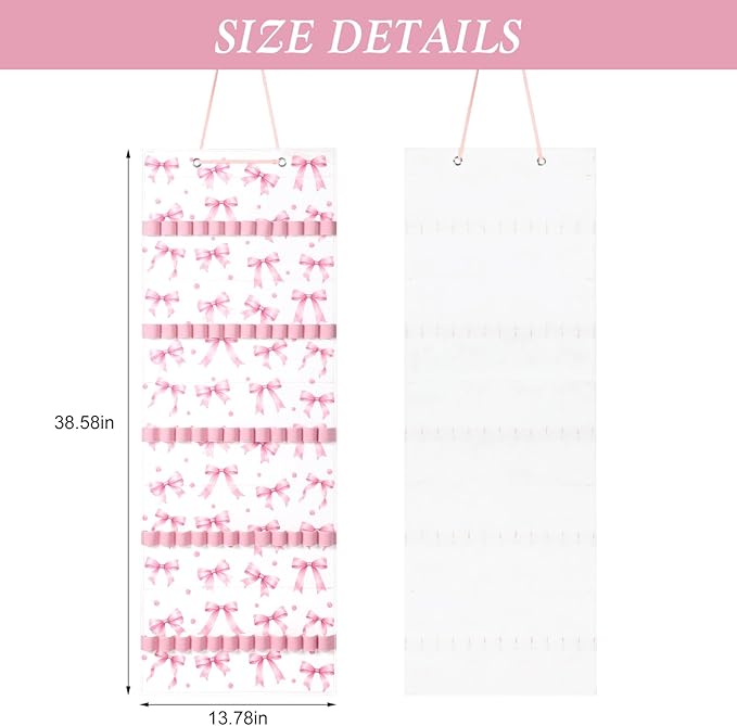 Tudomro Hanging Headband Holder for Girls Felt Hair Accessories Organizer with 60 Elastic Bands Bow Hanger for Girls Hair Bows Without Headbands (Pink,Bow)