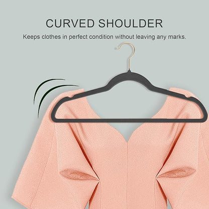 36 Packs Velvet Clothes Hangers, 17.3 Inches Non-Slip Skirt Hangers, Sturdy Dresses Hangers with Shoulder Notches, Space Saving Clothing Hangers for Adults, Dark Gray with Gold Hook